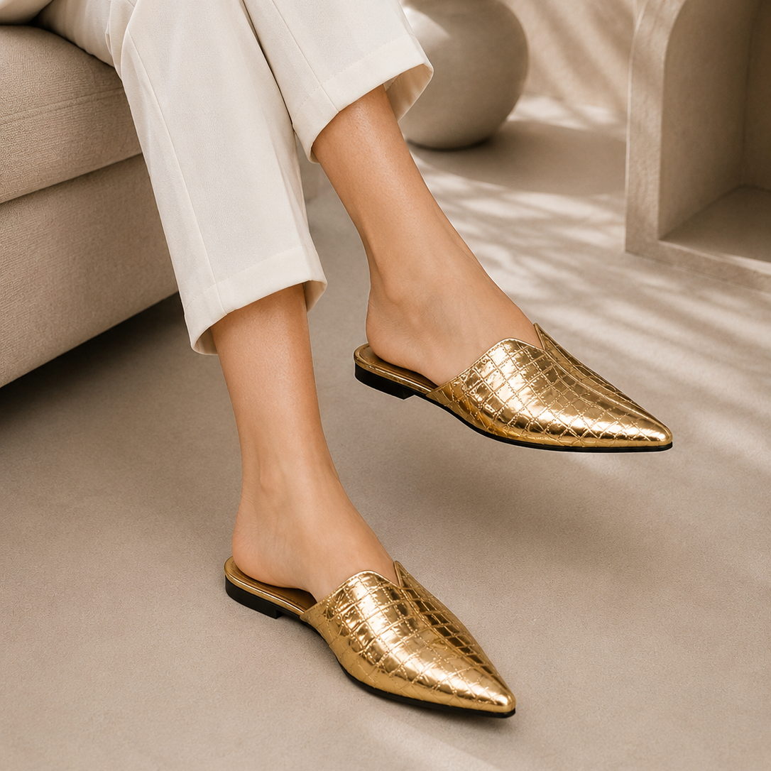 Crocodile Embossed Pointed-Toe Slides