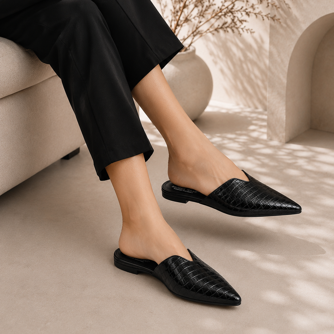 Crocodile Embossed Pointed-Toe Slides